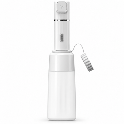 White Anawnas Pro5 electric portable bidet attached to its water bottle, with tethered cap, on a white background.
